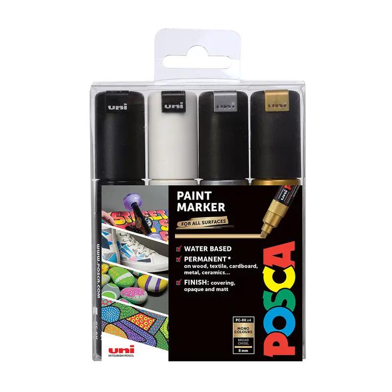 Uni Posca Marker Pen Pc-8K Broad Chisel Set Of 4 Monotones 1